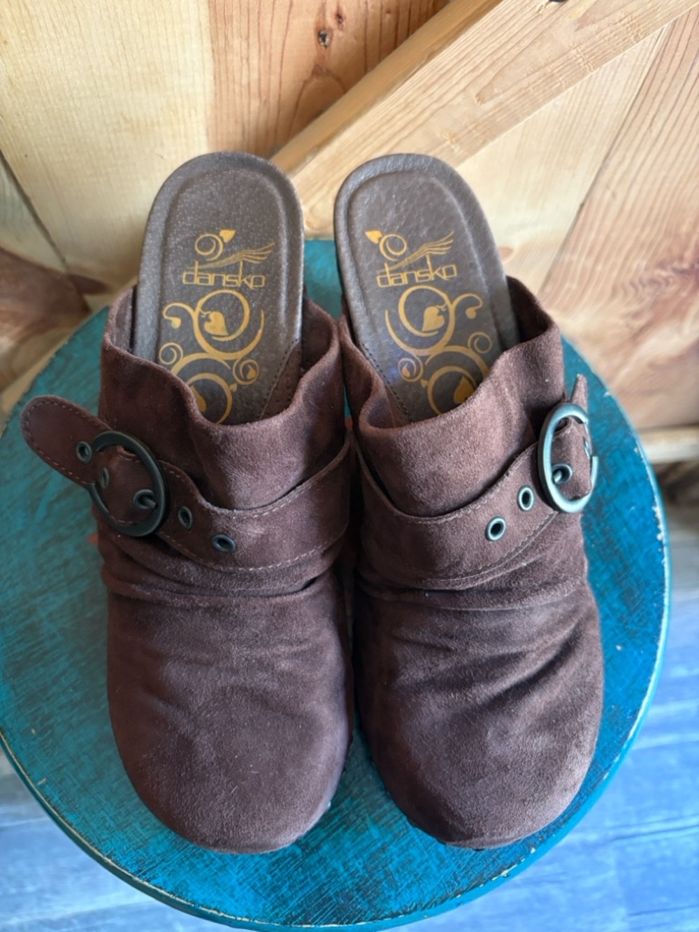 Dansko Brown Suede Slip-On Clogs with Decorative Buckle and Studs